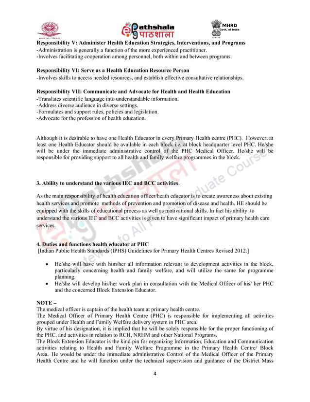 Job responsibilities of health education officers