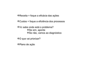 Receita = foque a eficácia das ações Custos = foque a eficiência dos processos Vc sabe onde está o problema? Se sim, aponte Se não, vamos ao diagnóstico O que vai priorizar? Plano de ação 