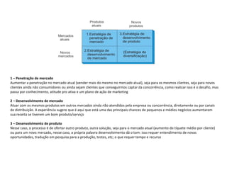 1 – Penetração de mercado Aumentar a penetração no mercado atual (vender mais do mesmo no mercado atual), seja para os mesmos clientes, seja para novos clientes ainda não consumidores ou ainda sejam clientes que conseguirmos captar da concorrência, como realizar isso é o desafio, mas passa por conhecimento, atitude pro ativa e um plano de ação de marketing 2 – Desenvolvimento de mercado Atuar com os mesmos produtos em outros mercados ainda não atendidos pela empresa ou concorrência, diretamente ou por canais de distribuição. A experiência sugere que é aqui que está uma das principais chances de pequenos e médios negócios aumentarem sua receita se tiverem um bom produto/serviço 3 – Desenvolvimento de produto Nesse caso, o processo é de ofertar outro produto, outra solução, seja para o mercado atual (aumento do tíquete médio por cliente) ou para um novo mercado, nesse caso, a própria palavra desenvolvimento dá o tom: isso requer entendimento de novas oportunidades, tradução em pesquisa para a produção, testes, etc; o que requer tempo e recurso 