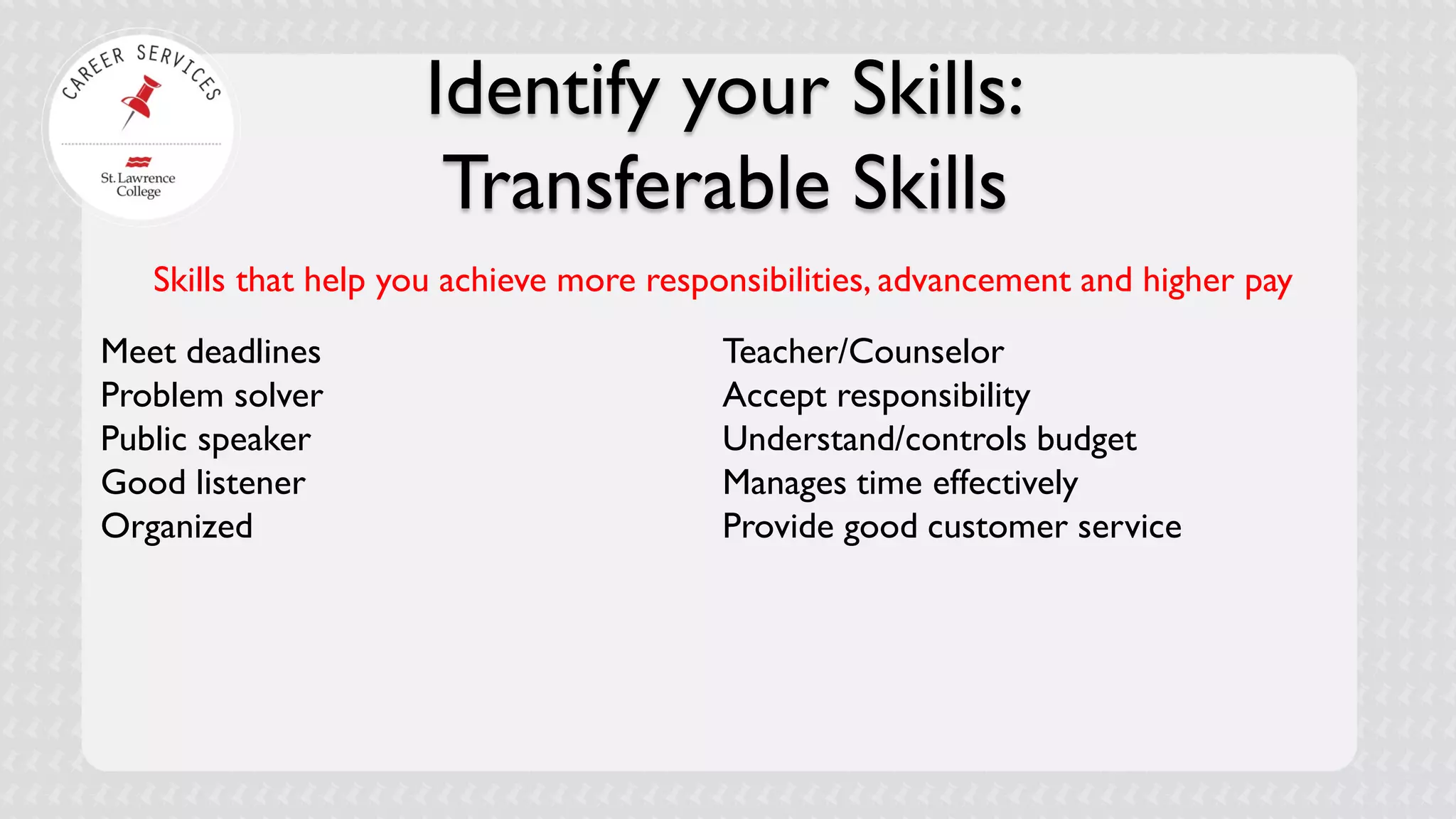Identify your Skills: Transferable Skills 
Skills that help you achieve more responsibilities, advancement and higher pay 
Meet deadlines 
Problem solver 
Public speaker 
Good listener 
Organized 
Teacher/Counselor 
Accept responsibility 
Understand/controls budget 
Manages time effectively 
Provide good customer service  