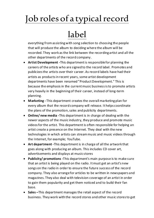 Job roles of a typical record label