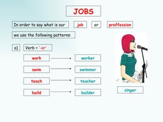 JOBS
In order to say what is our      job    or   proffession

we use the following patterns:


a)    Verb + ‘-er’

         work                     worker

         swim                     swimmer

         teach                    teacher

                                                    singer
         build                    builder
 