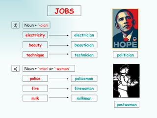 JOBS
d)   Noun + ‘-cian’

     electricity                 electrician

       beauty                    beautician

      technique                  technician    politician


e)   Noun + ‘-man’ or ‘-woman’

        police                   policeman

         fire                    firewoman

         milk                     milkman
                                               postwoman
 