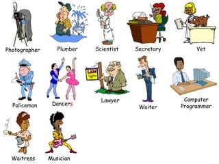 Photographer

Policeman

Waitress

Plumber

Dancers

Musician

Scientist

Lawyer

Secretary

Waiter

Vet

Computer
Programmer

 