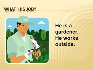 WHAT HIS JOB? 
He is a 
gardener. 
He works 
outside. 
 