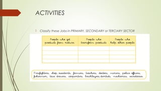 ACTIVITIES
 Classify these Jobs in PRIMARY, SECONDARY or TERCIARY SECTOR
 