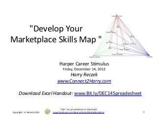 "Develop Your
Marketplace Skills Map "

                                 Harper Career Stimulus
                                    Friday, December 14, 2012
                                   Harry Reczek
                               www.Connect2Harry.com

     Download Excel Handout: www.Bit.ly/Dec14Spreadesheet

                                  "Like" my presentation on Facebook
Copyright: H. Reczek 2012   www.facebook.com/BeaconSocialMediaMarketing   1
 