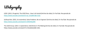 Webgraphy
LEGO. (2012, 24 agosto). The LEGO Story - How it all started [Archivo de vídeo]. En YouTube. Recuperado de
https://www.youtube.com/watch?v=qr_dTySMl7s&t=153s
SciShow Kids. (2015, 16 noviembre). Solve Problems: Be an Engineer! [Archivo de vídeo]. En YouTube. Recuperado de
https://www.youtube.com/watch?v=D9I35Rqo04E
The LEGO Group. (2017, 2 septiembre). LEGO Bricks In The Making [Archivo de vídeo]. En YouTube. Recuperado de
https://www.youtube.com/watch?v=C3oiy9eekzk&t=102s
 