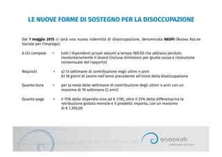 LE NUOVE FORME DI SOSTEGNO PER LA DISOCCUPAZIONE
Dal 1 maggio 2015 ci sarà una nuova indennità di disoccupazione, denominata NASPI (Nuova Ass.ne
Sociale per l’Impiego).
A chi compete = tutti i dipendenti privati assunti a tempo IND.TO che abbiano perduto
involontariamente il lavoro (incluse dimissioni per giusta causa e risoluzione
consensuale del rapporto)
Requisiti = a) 13 settimane di contribuzione negli ultimi 4 anni
b) 18 giorni di lavoro nell’anno precedente all’inizio della disoccupazione
Quanto dura = per la metà delle settimane di contribuzione degli ultimi 4 anni con un
massimo di 78 settimane (2 anni)
Quanto paga = il 75% dello stipendio sino ad € 1.195, oltre il 25% della differenza tra la
retribuzione goduta mensile e il predetto importo, con un massimo
di € 1.300,00
 