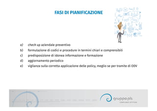 FASI DI PIANIFICAZIONE
a)  check up aziendale preventivo
b)  formulazione di codici e procedure in termini chiari e comprensibili
c)  predisposizione di idonea informazione e formazione
d)  aggiornamento periodico
e)  vigilanza sulla corretta applicazione delle policy, meglio se per tramite di ODV
 