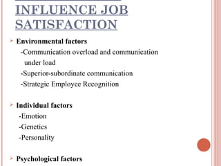 INFLUENCE JOB
SATISFACTION


Environmental factors
-Communication overload and communication
under load
-Superior-subordinate communication
-Strategic Employee Recognition



Individual factors
-Emotion
-Genetics
-Personality



Psychological factors

 