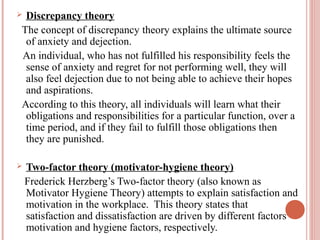 Discrepancy theory
The concept of discrepancy theory explains the ultimate source
of anxiety and dejection.
An individual, who has not fulfilled his responsibility feels the
sense of anxiety and regret for not performing well, they will
also feel dejection due to not being able to achieve their hopes
and aspirations.
According to this theory, all individuals will learn what their
obligations and responsibilities for a particular function, over a
time period, and if they fail to fulfill those obligations then
they are punished.





Two-factor theory (motivator-hygiene theory)
Frederick Herzberg’s Two-factor theory (also known as
Motivator Hygiene Theory) attempts to explain satisfaction and
motivation in the workplace. This theory states that
satisfaction and dissatisfaction are driven by different factors
motivation and hygiene factors, respectively.

 