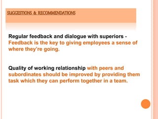 SUGGESTIONS & RECOMMENDATIONS
Regular feedback and dialogue with superiors -
Feedback is the key to giving employees a sense of
where they’re going.
Quality of working relationship with peers and
subordinates should be improved by providing them
task which they can perform together in a team.
 