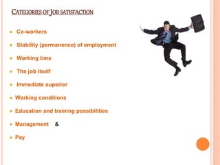 CATEGORIES OF JOB SATISFACTION
Co-workers
Stability (permanence) of employment
Working time
The job itself
Immediate superior
Working conditions
Education and training possibilities
Management &
Pay
 