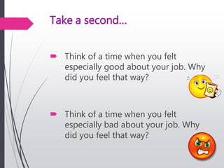 Take a second…
 Think of a time when you felt
especially good about your job. Why
did you feel that way?
 Think of a time when you felt
especially bad about your job. Why
did you feel that way?
 