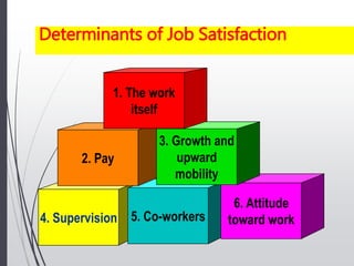 Determinants of Job Satisfaction
4. Supervision 5. Co-workers
6. Attitude
toward work
2. Pay
3. Growth and
upward
mobility
1. The work
itself
 