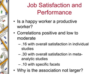 Job Satisfaction and
Performance
• Is a happy worker a productive
worker?
• Correlations positive and low to
moderate
– .16 with overall satisfaction in individual
studies
– .30 with overall satisfaction in meta-
analytic studies
– .10 with specific facets
• Why is the association not larger?
 