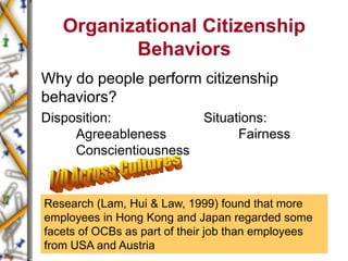 Organizational Citizenship
Behaviors
Why do people perform citizenship
behaviors?
Disposition:
Agreeableness
Conscientiousness
Situations:
Fairness
Research (Lam, Hui & Law, 1999) found that more
employees in Hong Kong and Japan regarded some
facets of OCBs as part of their job than employees
from USA and Austria
 