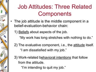 Job Attitudes: Three Related
Components
• The job attitude is the middle component in a
belief-evaluation-behavior chain:
1) Beliefs about aspects of the job.
“My work has long stretches with nothing to do.”
2) The evaluative component, i.e., the attitude itself.
“I am dissatisfied with my job.”
3) Work-related behavioral intentions that follow
from the attitude.
“I’m intending to quit my job.”
 