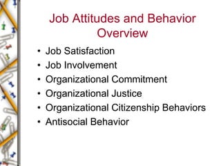 Job Attitudes and Behavior
Overview
• Job Satisfaction
• Job Involvement
• Organizational Commitment
• Organizational Justice
• Organizational Citizenship Behaviors
• Antisocial Behavior
 