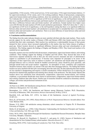 www.ccsenet.org/ass Asian Social Science Vol. 7, No. 8; August 2011
ISSN 1911-2017 E-ISSN 1911-2025206
responsibility, 2.9 for security, 3.0 for social services, 2.6 for social status, 2.9 for supervision-human relations, 2.3
for supervision-technical, 2.8 for variety, and 2.3 for working conditions. Means of advancement, compensation,
supervision human-relation and working conditions, show less satisfaction, other means show satisfaction. Table
No.2 indicates that ‘t’ value (2.255) is significant at 0.05 level of significance, so the null hypothesis stating that
there is no significant difference between male and female teachers’ job satisfaction is rejected and it is concluded
that there is difference between male and female teachers’ job satisfaction. Female teachers have higher mean
score (283.48) than the male teachers (276.48) on job satisfaction questionnaire. Table No3 shows that ‘t’ value is
not significant at 0.05 level of significance, so the null hypothesis stating that there is no significant difference
between urban and rural school teachers’ job satisfaction is accepted and it is included that there is no difference
between urban and rural teachers’ job satisfaction. There is no more difference of mean between urban and rural
teachers’ job satisfaction.
6. Conclusions and Recommendations
The finding from this study indicates females are more satisfied with their jobs than male teachers. These results
provide support for the earlier studies of Raisani (1988) and Demato (2001) that female teachers were more
satisfied than their male counterparts. Male teachers less satisfaction is understandable because of their greater
demand for their services, hence increased employability in the market, they have better chances of getting a
good pay. School location showed no significant difference between urban and rural schoolteachers to job
satisfaction. This finding supports the findings of Hughey and Murphey (1982). They found rural teachers to be
satisfied but not significantly.
Generally, teachers were less satisfied with advancement, compensation, supervision human-relation, and working
conditions. These findings support the findings of Stephen and Fish (2010). They showed that most of the
interviewees reported satisfaction with in their job, but noted excessive demands and lack of administrative
support as contribution to job dissatisfaction. It becomes more important for principals to be aware of the
importance of their supervisory styles in relation to teachers’ job satisfaction and should adopt the supportive
principal behavior such as criticism should be handled constructively, praise should be given genuinely, and
principal should listen and accept teachers’ suggestions. An atmosphere of trust, confidence and cooperation
should be fostered, where teachers can interact with each other than disengage behavior. The finding that female
teachers are more satisfied with their job is encouraging, but at the same time, the data indicating that male teachers
are less satisfied is disappointing and requires a careful consideration. Efforts should focus on to improving job
attraction for talented male population and retaining those already in the profession. The data clearly indicate that
teachers derive less satisfaction from advancement, compensation, supervision human-relation, and working
conditions, so government should take more interest in advancement, compensation, supervision human-relation
and working conditions than other factors. Similar type of researches should be conducted at elementary schools,
colleges, universities and professional institutions levels.
References
Ali Nasir et al. (2004). Job Satisfaction among Doctors: Effect of locus of control, sex and marital status. Journal
of Business Management, Vol. 1(2), India.
Birmingham, J.A. (1985). Job Satisfaction and Burnout among Minnesota Teachers. Ph.D. Dissertation,
University of Minnesota, 1984. Dissertation Abstracts International, 45-08 p. 2318-A.
Brayfield, A.H., and Rothe, H.F. (1951). An Index of Job Satisfaction. Journal of Applied Psychology,
35:307-311.
Davis, K., & Newstrom, J.W. (1985). Human Behavior at Work: Organizational Behavior, Seventh edition. New
York: McGraw Hills.
Demato, S D. (2001). Job satisfaction among elementary school counselors in Virginia Ph. D Dissertation
University of Virginia.
Derlin, R. & Schneider, g.t. (1994). Urban Education: Understanding Job Satisfaction Principals and Teachers.
Urban and Suburban, Vol. 29(1), pp. 63-88.
Finley, W.H. (1991). High School Principal Job Satisfaction. Unpublished Doctoral Dissertation, Memphis State
University, Memphis, Tennessee.
Galloway, D., Boswell, K., Panckhurst, F., Boswell, C., and green, K. (1985). Sources of Satisfaction and
dissatisfaction for New Zealand Primary school teachers. Education Research, 27: 44-51.
Gruneberg, M.M. (1976). Understanding job satisfaction. New York: Jhon wiley.
 