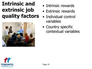 Intrinsic and
extrinsic job
quality factors
• Intrinsic rewards
• Extrinsic rewards
• Individual control
variables
• Country specific
contextual variables
Page 10
 