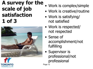 A survey for the
scale of job
satisfaction
1 of 3
• Work is complex/simple
• Work is creative/routine
• Work is satisfying/
not satisfied
• Work is respected/
not respected
• Sense of
accomplishment/not
fulfilling
• Supervisor is
professional/not
professional
Page 12
 