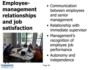 Employee-
management
relationships
and job
satisfaction
• Communication
between employees
and senior
management
• Relationship with
immediate supervisor
• Management’s
recognition of
employee job
performance
• Autonomy and
independence
Page 39
 