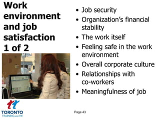 Work
environment
and job
satisfaction
1 of 2
• Job security
• Organization’s financial
stability
• The work itself
• Feeling safe in the work
environment
• Overall corporate culture
• Relationships with
co-workers
• Meaningfulness of job
Page 43
 