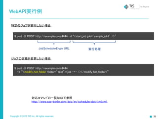 Copyright © 2015 TIS Inc. All rights reserved.
WebAPI実行例
対応コマンドの一覧は以下参照
http://www.sos-berlin.com/doc/en/scheduler.doc/xml.xml
特定のジョブを実行したい場合
$ curl -X POST http://example.com:4444 -d “<start_job job=’sample_job1’ />”
JobSchedulerEngie URL 実行処理
ジョブの定義を変更したい場合
$ curl -X POST http://example.com:4444
-d “<modify_hot_folder folder=’test’><job ・・・ /></modify_hot_folder>”
 