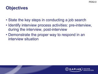 Objectives State the key steps in conducting a job search Identify interview process activities: pre-interview, during the interview, post-interview Demonstrate the proper way to respond in an interview situation 