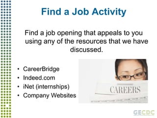 Find a Job ActivityFind a job opening that appeals to you using any of the resources that we have discussed.CareerBridgeIndeed.comiNet (internships)Company Websites