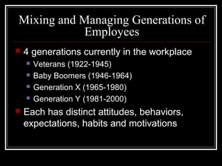 Mixing and Managing Generations of
Employees
 4 generations currently in the workplace
 Veterans (1922-1945)
 Baby Boomers (1946-1964)
 Generation X (1965-1980)
 Generation Y (1981-2000)
 Each has distinct attitudes, behaviors,
expectations, habits and motivations
 