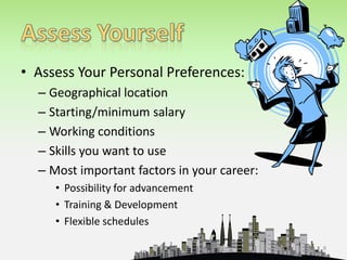 Assess YourselfIn order to launch an effective job search you should have an idea of the type of job your are looking for.