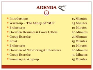 AGENDAAGENDA
Introductions 15 Minutes
Warm-up ~ The Story of “ME” 25 Minutes
Brainstorm 10 Minutes
Overview Resumes & Cover Letters 20 Minutes
Group Exercise 20Minutes
Break 15 Minutes
Brainstorm 10 Minutes
Overview of Networking & Interviews 20 Minutes
Group Exercise 30 Minutes
Summary & Wrap-up 15 Minutes
4
 