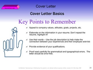 Key Points to Remember Resume/Cover Letter Cover Letter Appeal to company values, attitudes, goals, projects, etc. Elaborate on the information in your resume. Don’t repeat the resume, highlight it!! Use their words – Use the job description to help make the connection between your experiences and their employee wish-list Provide evidence of your qualifications. Proof read carefully for grammatical and typographical errors.  The letter should be error-free. Cover Letter Basics 