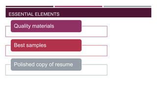 ESSENTIAL ELEMENTS

Quality materials

Best samples

Polished copy of resume

 