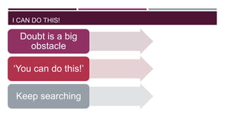I CAN DO THIS!

Doubt is a big
obstacle
„You can do this!‟
Keep searching

 