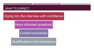 WHAT TO EXPECT

Going into the interview with confidence
Have informed questions
Cordial handshake

Qualifications and experience

 