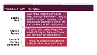 WORDS FROM THE WISE
Lucille
Ball

• One of the things I learned the
hard way was that it doesn‟t pay to
get discouraged. Keeping busy
and making optimism a way of life
can restore your faith in yourself.

Anatole
France

• To accomplish great things, we
must not only act but also dream.
Not only plan but also believe.

Kenneth
Hartley
Blanchard

• The key to successful leadership
today is influence, not authority.

 