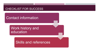 CHECKLIST FOR SUCCESS

Contact information
Work history and
education
Skills and references

 