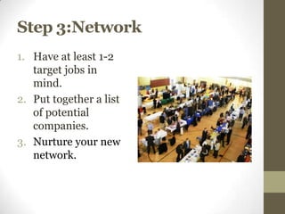 Step 3:Network
1. Have at least 1-2
   target jobs in
   mind.
2. Put together a list
   of potential
   companies.
3. Nurture your new
   network.
 