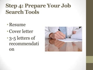 Step 4: Prepare Your Job
Search Tools

• Resume
• Cover letter
• 3-5 letters of
  recommendati
  on
 