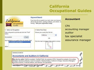 California Occupational Guides Accountant CPA accounting manager auditor tax specialist assurance manager 