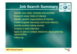 Job Search SummaryJob Search Summary
Identify your skills, interests and priorities
Research career fields of interest
Identify specific organizations of interest
Create targeted resume(s) and cover letter(s)
Identify position listing sources
Identify your skills, interests and priorities
Research career fields of interest
Identify specific organizations of interest
Create targeted resume(s) and cover letter(s)
Identify position listing sources
MES Training Program
Conduct a mock interview
Apply to jobs or contact employers about potential
opportunities
Follow-up
Conduct a mock interview
Apply to jobs or contact employers about potential
opportunities
Follow-up
 