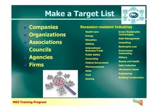 Make a Target ListMake a Target List
Companies
Organizations
Associations
Councils
Agencies
Companies
Organizations
Associations
Councils
Agencies
• Health Care
• Energy
• Education
• Utilities
• International
Business/Trade
• Public Safety
• Health Care
• Energy
• Education
• Utilities
• International
Business/Trade
• Public Safety
• Green/Sustainable
Technologies
• Debt Management
• Consulting
• Bankruptcy Law
• Government
Contracting
• Green/Sustainable
Technologies
• Debt Management
• Consulting
• Bankruptcy Law
• Government
Contracting
Recession-resistant Industries
MES Training Program
Agencies
Firms
Agencies
Firms
• Public Safety
• Accounting
• Federal Government
• Pharmaceuticals
• Sales
• Food
• Gaming
• Public Safety
• Accounting
• Federal Government
• Pharmaceuticals
• Sales
• Food
• Gaming
• Military
• Beauty and Health
• Debt Collection
• Ultraluxury Items
• Engineering
• Building/Construction
• Military
• Beauty and Health
• Debt Collection
• Ultraluxury Items
• Engineering
• Building/Construction
 
