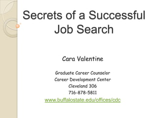 Secrets of a Successful
Job Search
Cara Valentine
Graduate Career Counselor
Career Development Center
Cleveland 306
716-878-5811
www.buffalostate.edu/offices/cdc
 