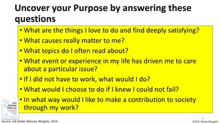 Uncover your Purpose by answering these
questions
• What are the things I love to do and find deeply satisfying?
• What ca...