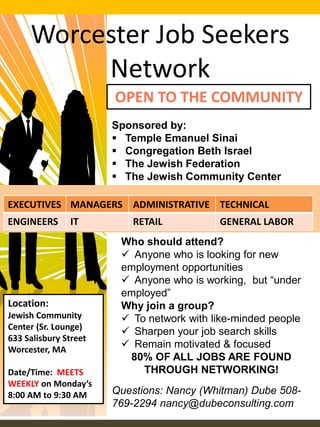 Worcester Job Seekers
Network
OPEN TO THE COMMUNITY
Location:
Jewish Community
Center (Sr. Lounge)
633 Salisbury Street
Worcester, MA
Date/Time: MEETS
WEEKLY on Monday’s
8:00 AM to 9:30 AM
Sponsored by:
 Temple Emanuel Sinai
 Congregation Beth Israel
 The Jewish Federation
 The Jewish Community Center
EXECUTIVES MANAGERS ADMINISTRATIVE TECHNICAL
ENGINEERS IT RETAIL GENERAL LABOR
Who should attend?
 Anyone who is looking for new
employment opportunities
 Anyone who is working, but “under
employed”
Why join a group?
 To network with like-minded people
 Sharpen your job search skills
 Remain motivated & focused
80% OF ALL JOBS ARE FOUND
THROUGH NETWORKING!
Questions: Nancy (Whitman) Dube 508-
769-2294 nancy@dubeconsulting.com
 