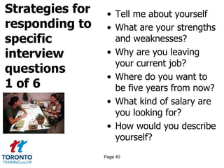 Strategies for
responding to
specific
interview
questions
1 of 6
• Tell me about yourself
• What are your strengths
and weaknesses?
• Why are you leaving
your current job?
• Where do you want to
be five years from now?
• What kind of salary are
you looking for?
• How would you describe
yourself?
Page 40
 